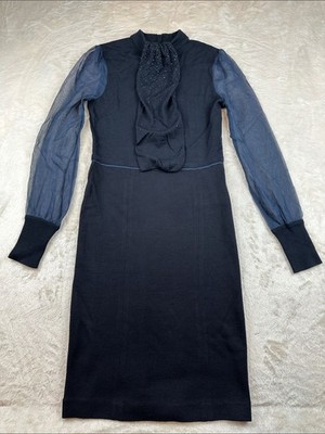 Tory Burch Dress XS Navy Merino Wool Sheer Sleeve Crystal Tie Style 33133416
