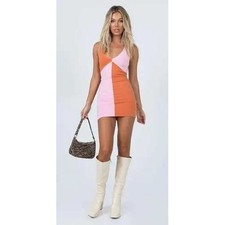 Princess Polly Mini Dress Women XS/S Pink Orange Color Block Bodycon Knit V-Neck