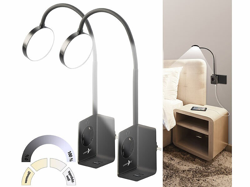 Lunartec Lot de 2 lampes à col de cygne noires avec prise secteur et ports USB