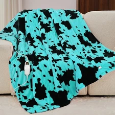 Cow Print Heated Electric Blanket Throw,50X60 Green Heating Blanket with 10 H...