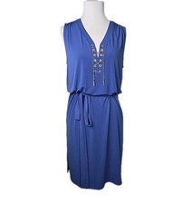 MK Michael Kors Blue Stretch Knit Sleeveless Shift Dress Silver Corset Chain L