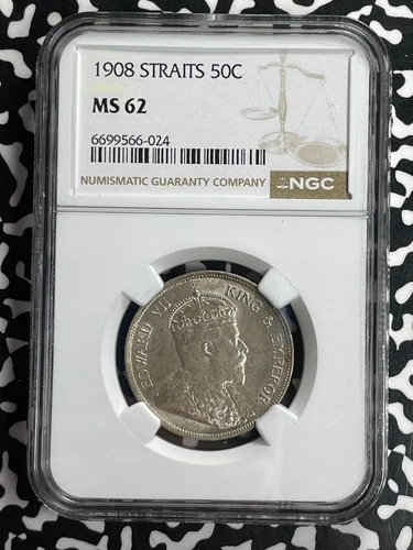 1908 Straits Settlements 50 Cents NGC MS62 Lot#G837 Silver! Nice UNC!