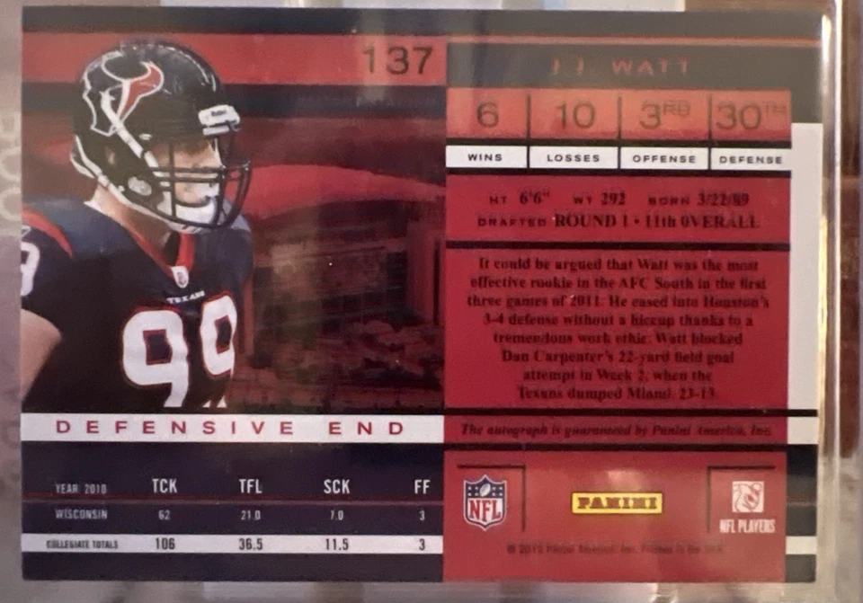 2011 Panini Playoff Contenders Football JJ Watt (RC) #137 Rookie Ticket Auto - Image 3 of 4