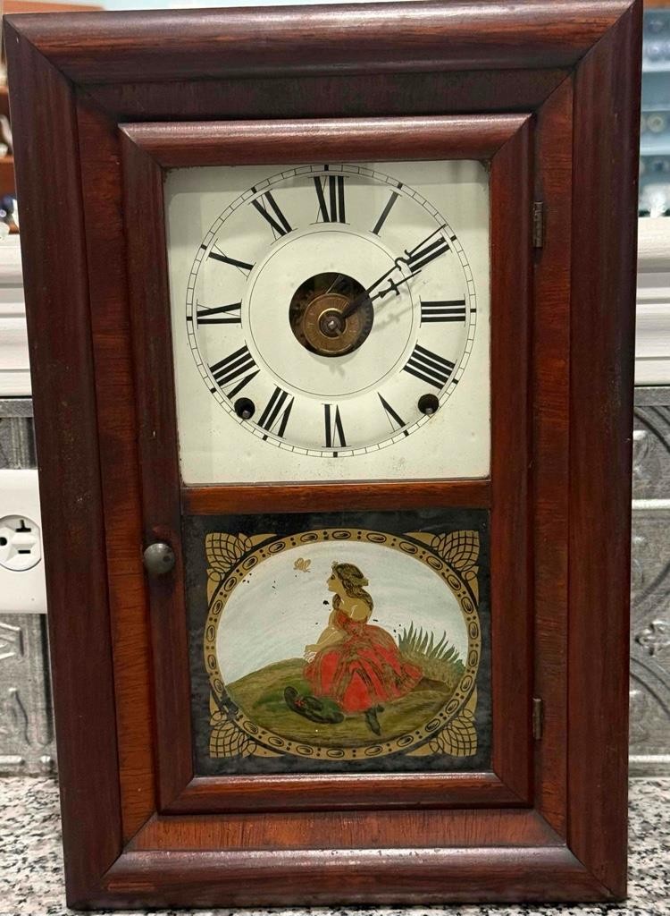 Antique Seth Thomas Ogee Wall Clock, Mahogany + Glass, Painted Lady in Prairie