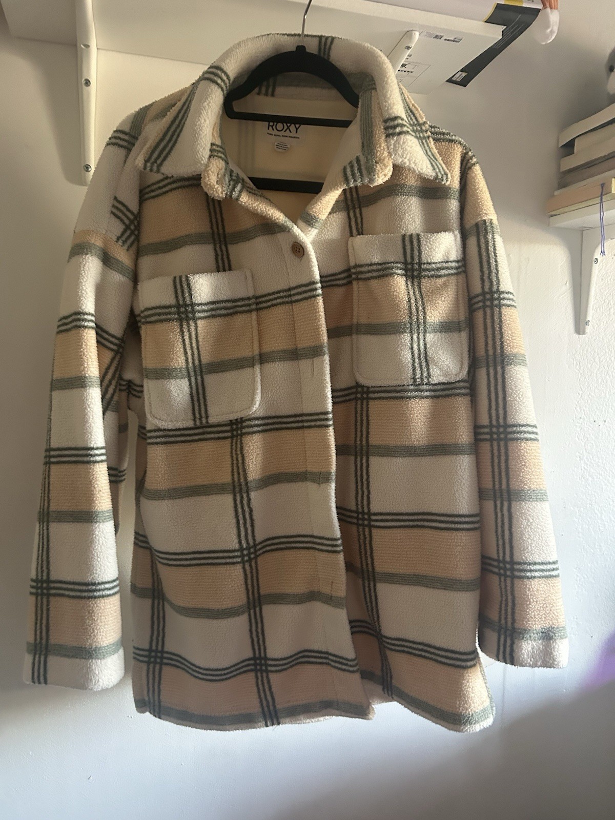 Roxy Plaid Button Jacket Collared Pockets Beige G… - image 1