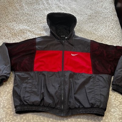 Vintage 1990s Nike Air Hooded Puffer Jacket Black Red Mesh Swoosh XL (D3)