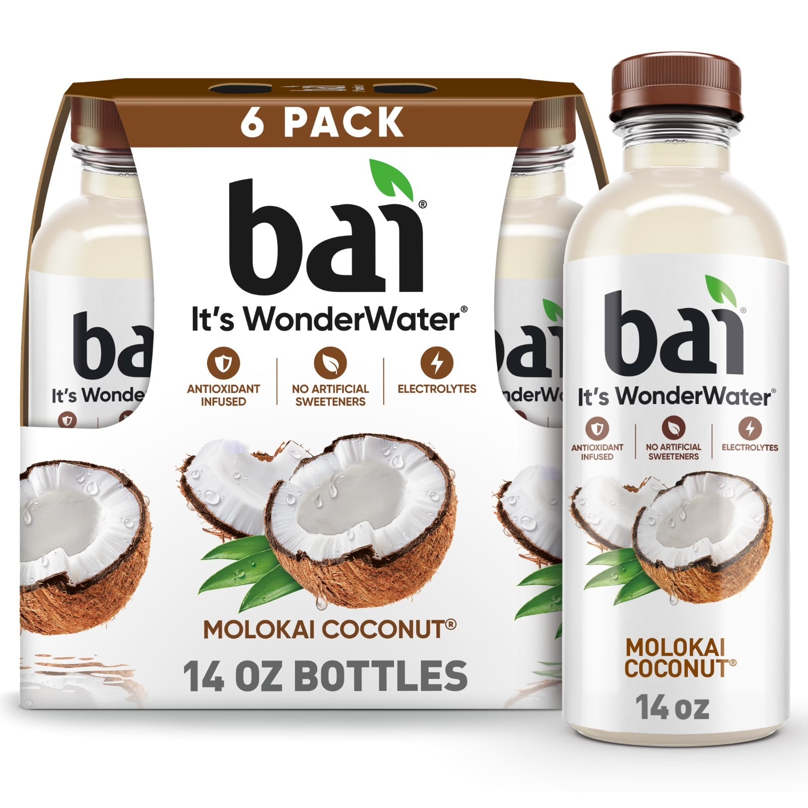 Bai Molokai Coconut Antioxidant Infused Water Beverage, 14 fl oz, 6 Pk Bottles.