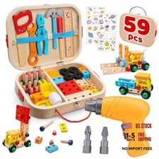 59Pcs Kids Tool Set with Electric Drill, Montessori Wooden Toys Kit STEM