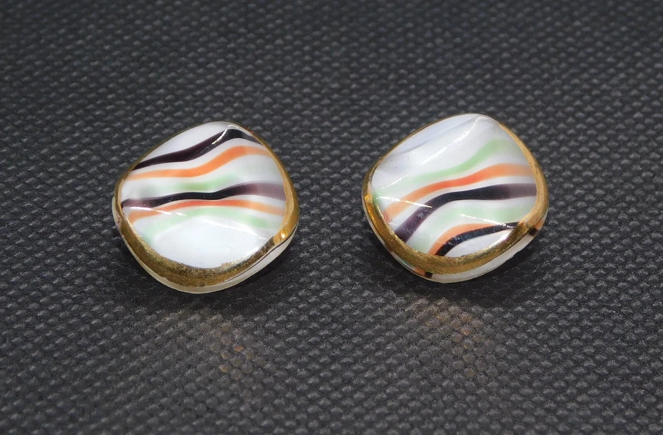 Set of 2 Glass Vintage Buttons Square Stripe Gold Green Orange Black White Shank - Image 3 of 4
