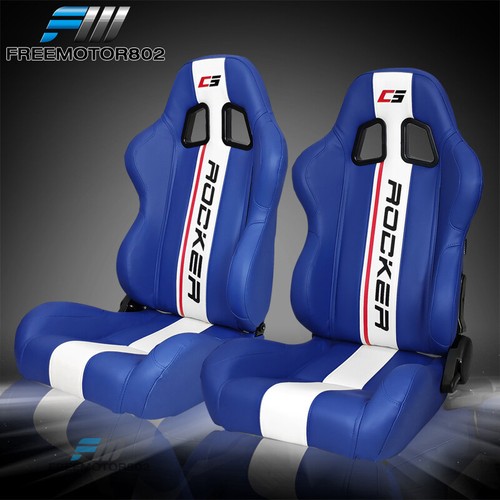 Adjustable Universal Racing Bucket Seats Blue & White PU Pair & 2 Dual