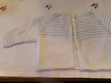 Hand knit baby sweater bonnet set pale blue white newborn-3 mo