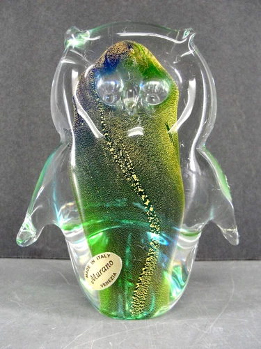 MURANO SOMMERSO ART GLASS OWL BIRD FIGURINE BLUE GREEN GOLD FLECK 5" ITALY VTG