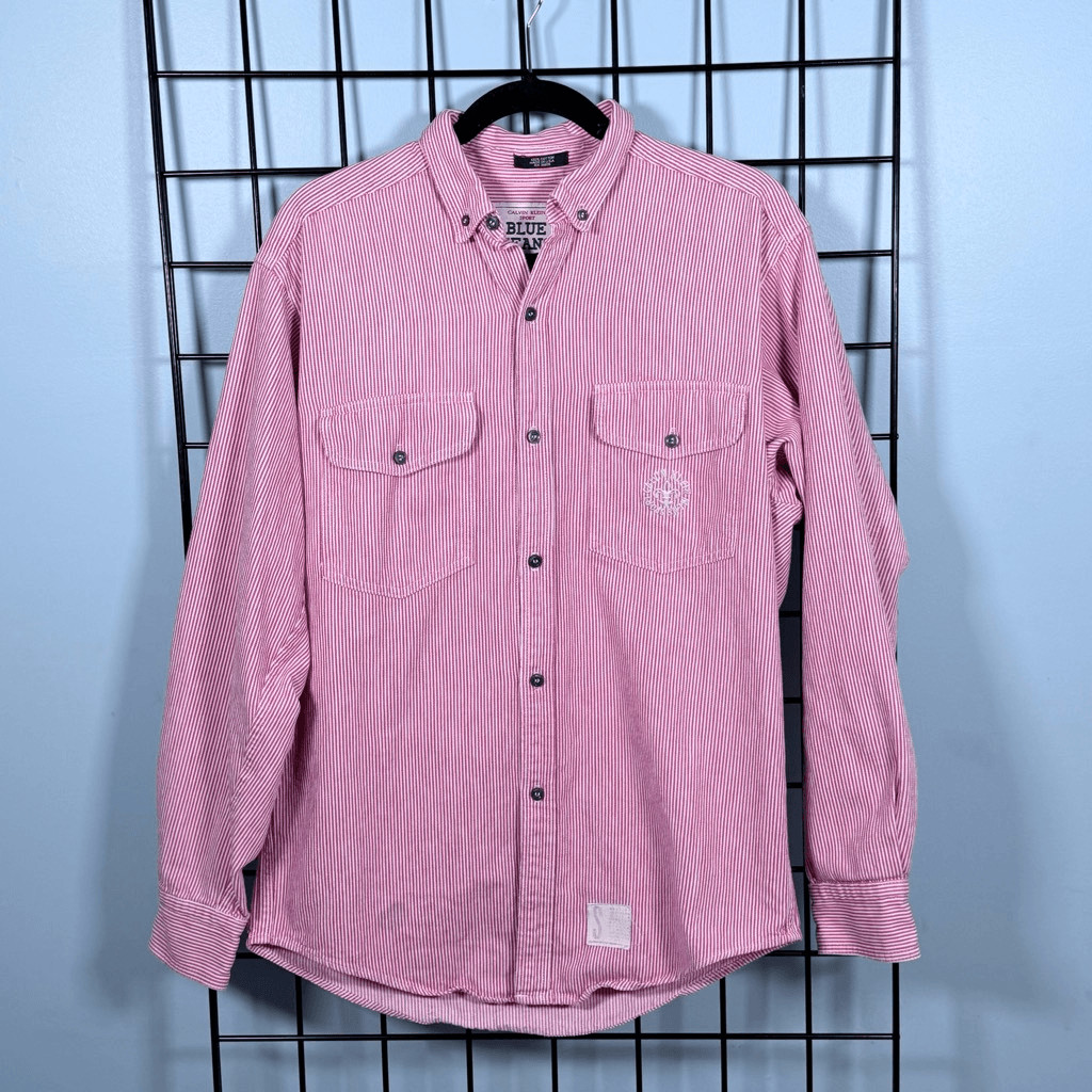 Vintage Calvin Klein Sport Denim Striped LS Shirt Mens S Red Made in USA 80s
