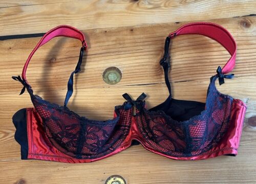 Cacique Red & Black Floral Lace Plunge Low Cut Sexy Bra 40DD Underwire