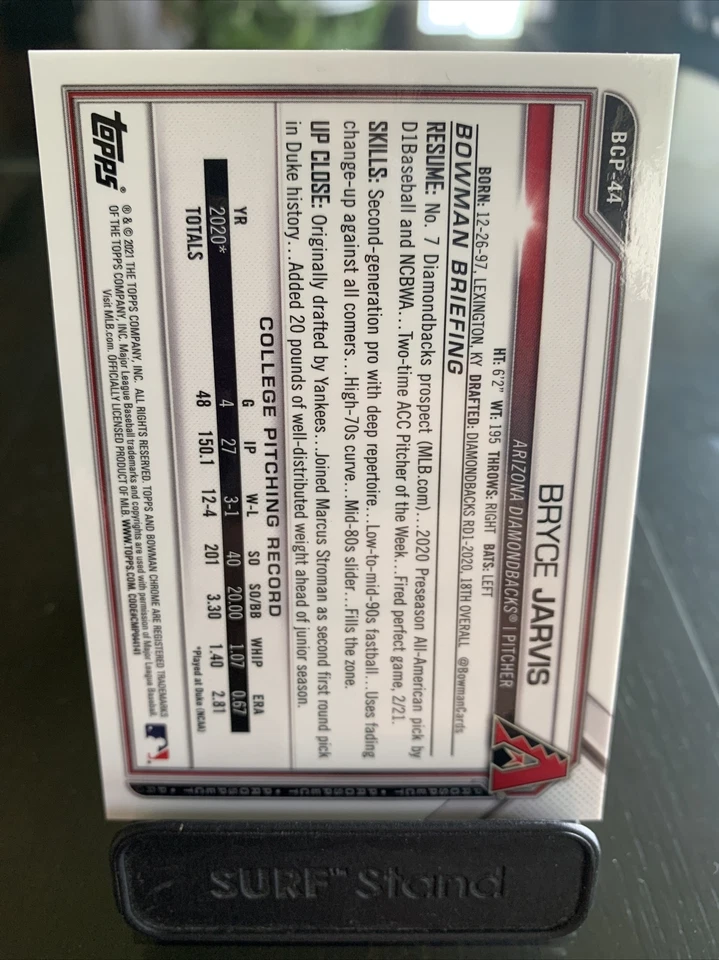 2021 Bowman Chrome #BCP-44 Bryce Jarvis Aqua Shimmer /125 Diamondbacks PWE - Image 2 of 2