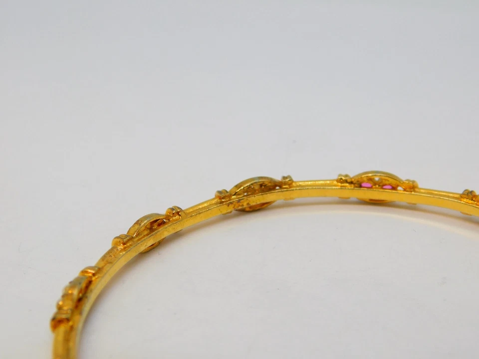 Yellow Metal, Ruby & Pearl Set Cuff Bangle Bracelet Vintage c1990 - Image 4 of 4