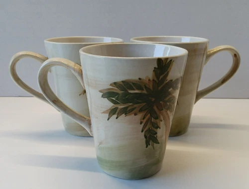 Vintage Gibson Hand Painted Palm Tree Coffee Mugs Set of 3
