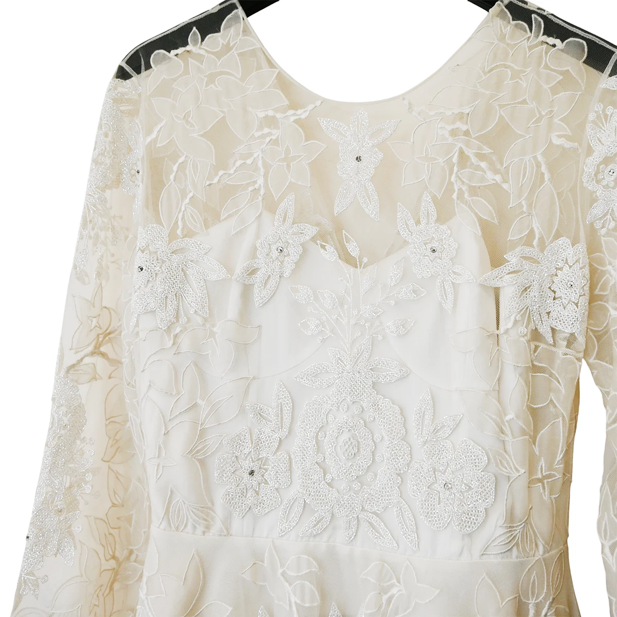 OFF WHITE Abito da sposa Naeem Kahn taglia 12 bianco sporco perline ricamate manica lunga seta