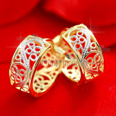 9K GOLD GF VINTAGE VICTORIAN FLOWER FILIGREE FANCY BAND HOOP LADY