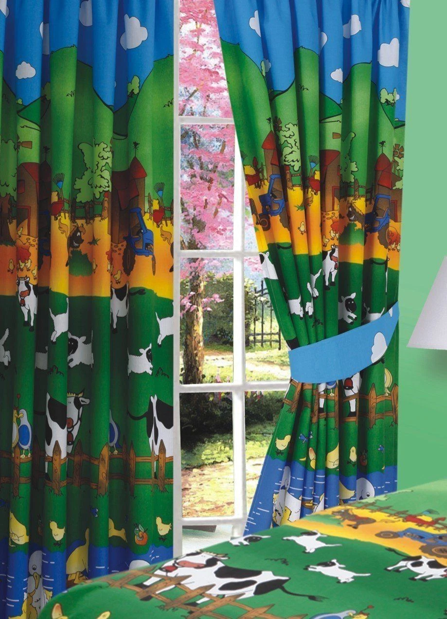 Kids Farmyard Animals Blue Green Yellow Ready Made Pencil Pleat Curtains 66"x72"