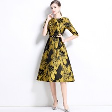 Womens Short Sleeve New Jacquard Dress Floral Printed Crew Neck A-line Dresses