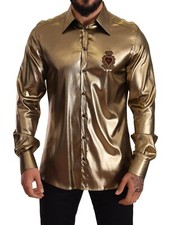 DOLCE & GABBANA Shirt Metallic Gold DG Embroidered Crown Silk Top 41 / US16 / L