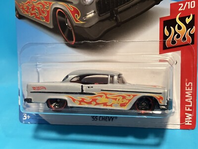 Hot Wheels  '55 Chevy Primer Gray w Red Flames/Red Line Wheels HW Flames Carded