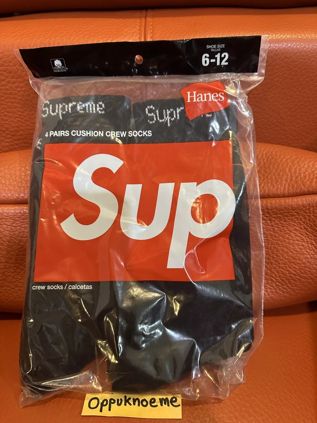 Pack de 4 chaussettes Supreme Hanes Crew scellées noires taille 6 12 coton flambant neuf
