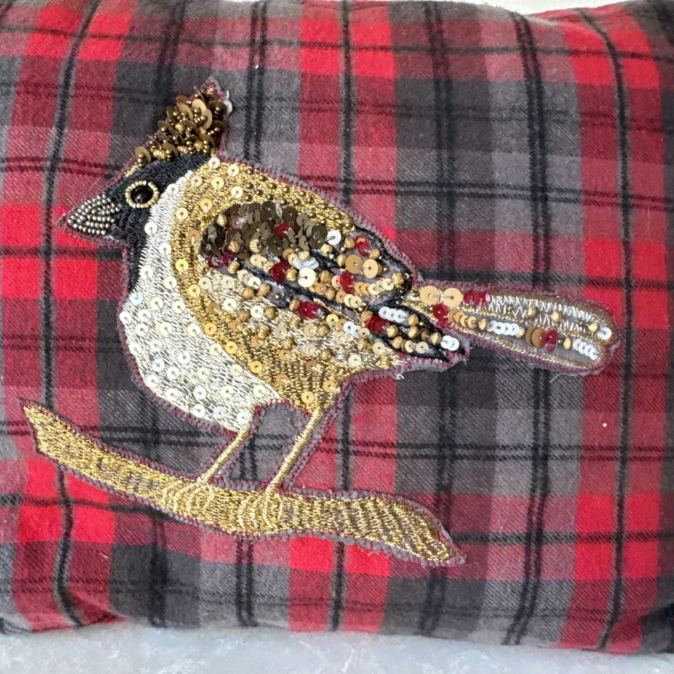 Almohada a cuadros roja Pottery Barn Jeweled Bird 12 x 16" Navidad Foto 4 de 4