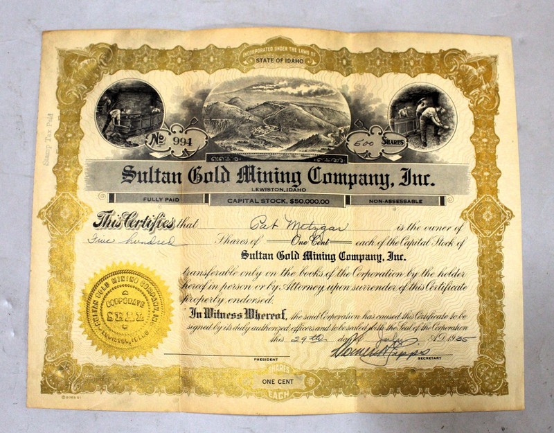 Early 20th c.Gold Mining Stock Certificate (Sultan Gold Minining Co. Inc.) Idaho