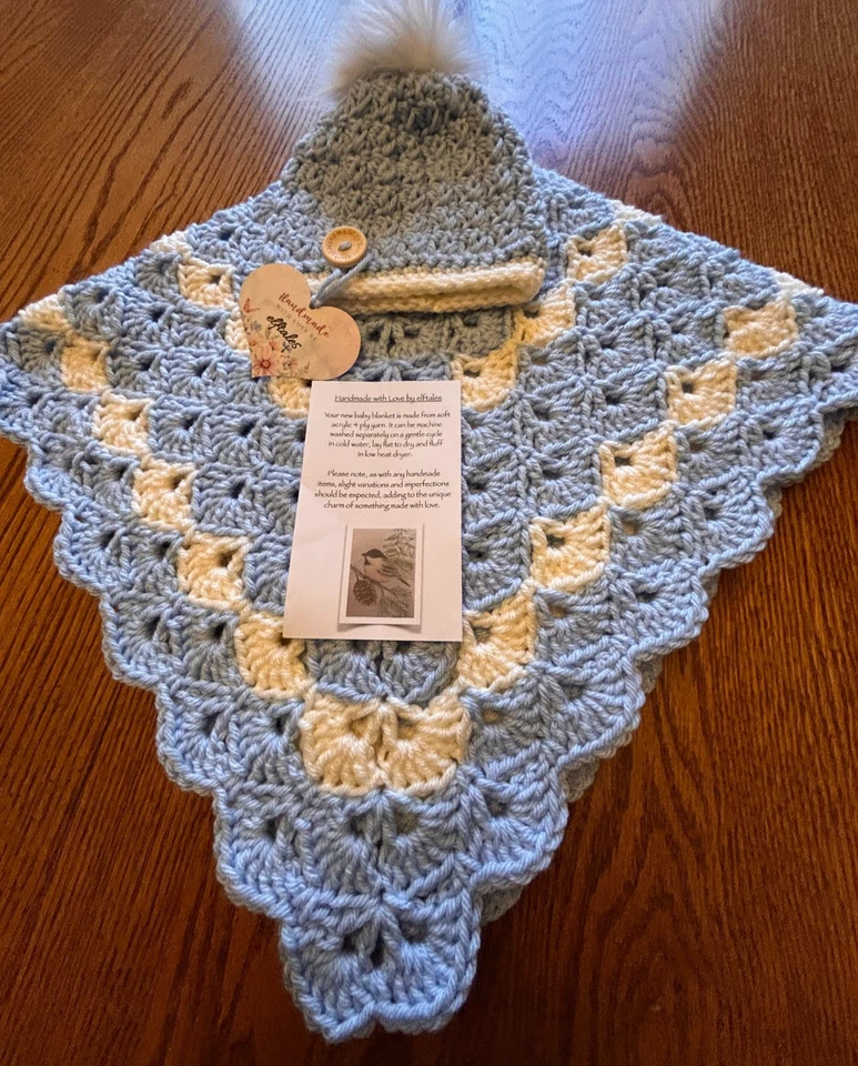 blue & white farmhouse  handmade crochet  Baby  blanket & hat set  - Image 2 of 4