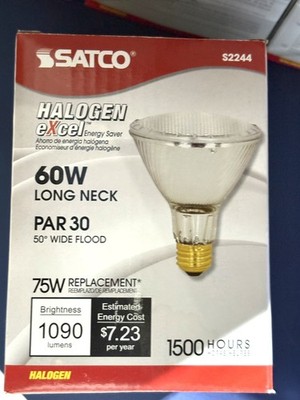 Satco S2244 50-degree Flood Light Bulb 60PAR30L/HAL/XEN/WFL/120V Long Neck 60W 