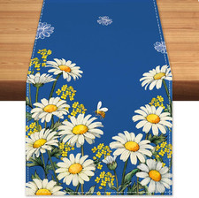 Summer Daisy Floral Table Runner Bees Burlap Table Runners, Spring Charming Blue