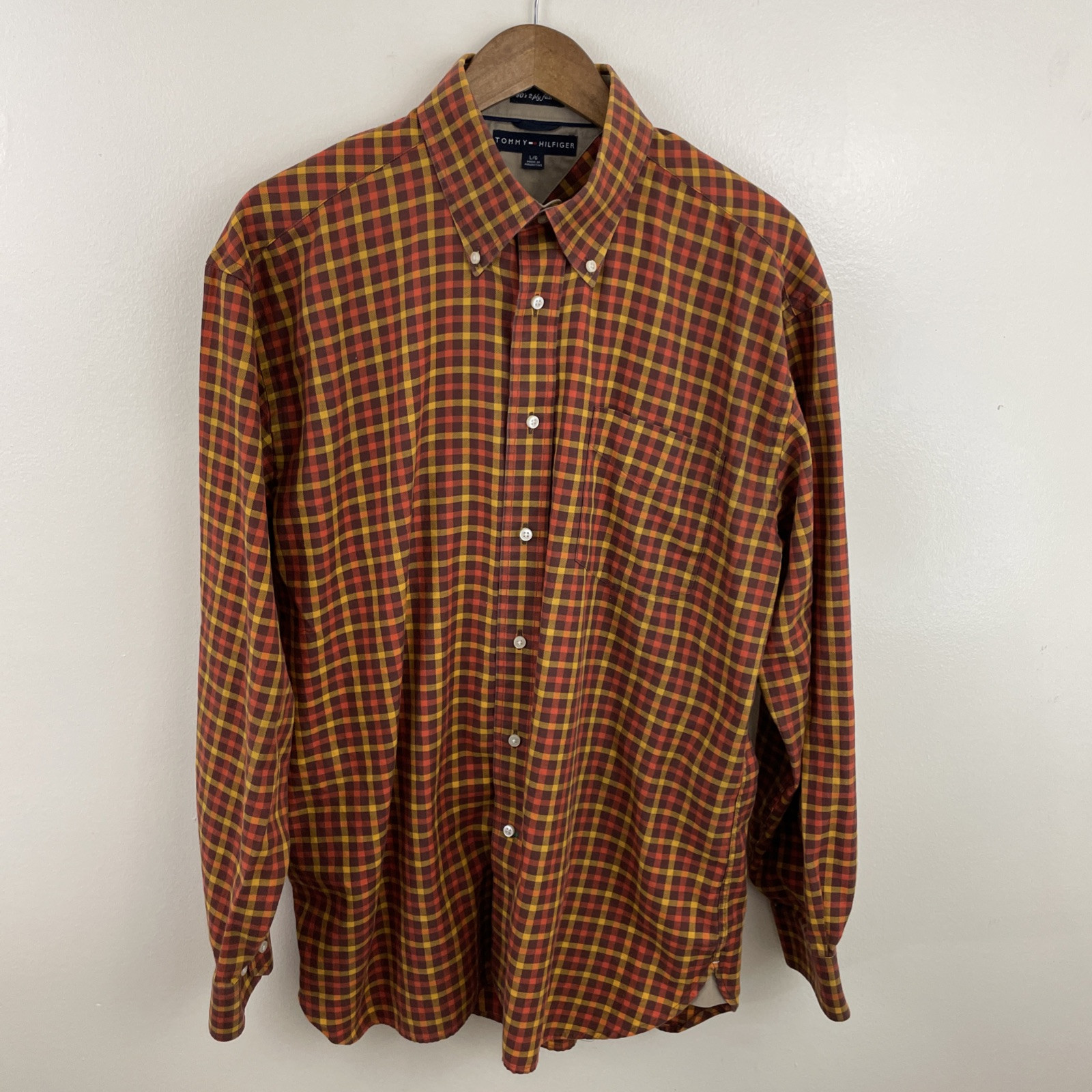 Tommy Hilfiger Shirt Mens L Orange Check 80's 2-Ply Cotton Long SLV Button Down