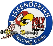 VINTAGE ISKENDERIAN RACING CAMS PORCELAIN SIGN DEALERSHIP SERVICE POLY DINE