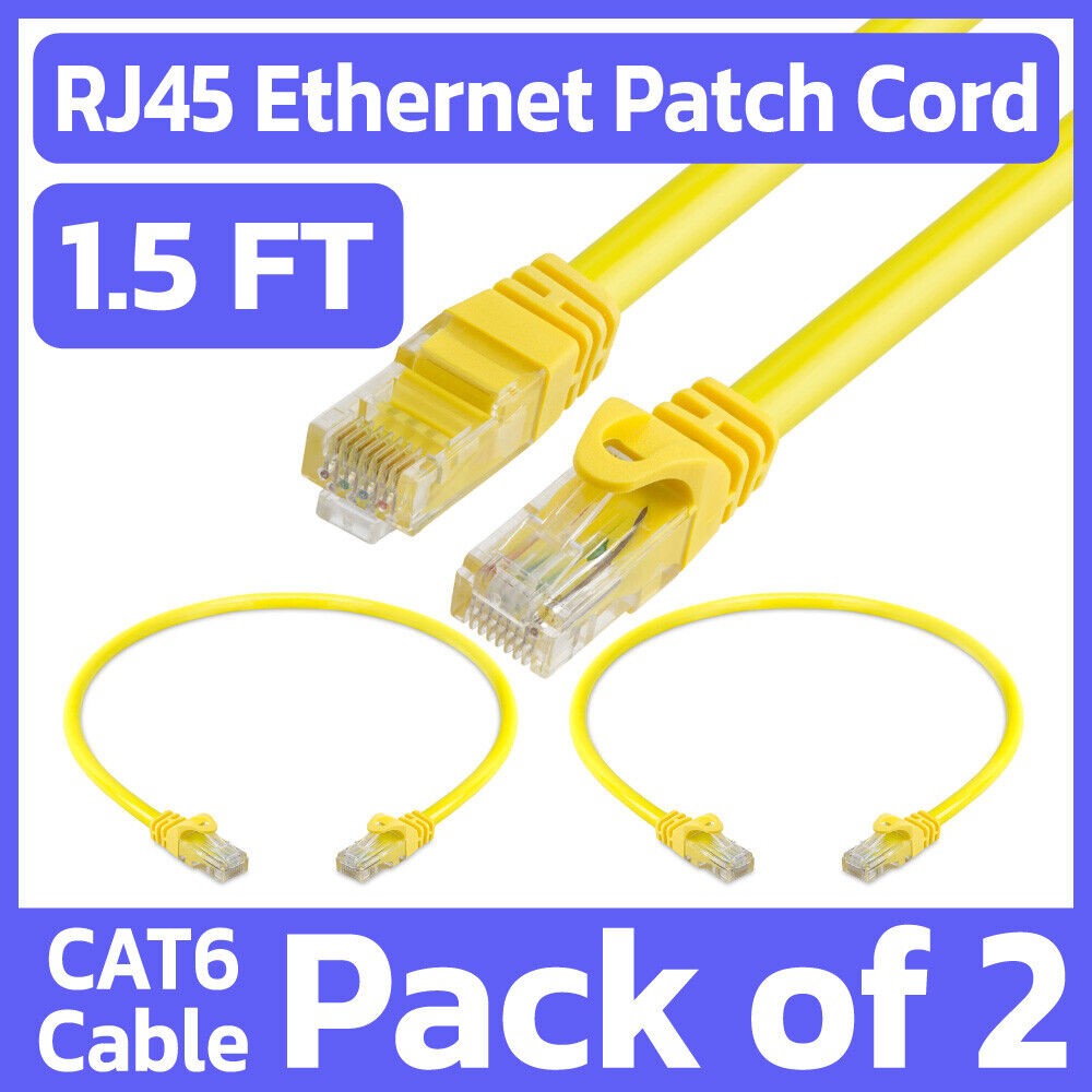 2 Pack Cat6 Cable Yellow 1.5 Feet Ethernet Patch Cord LAN Network Internet Cable
