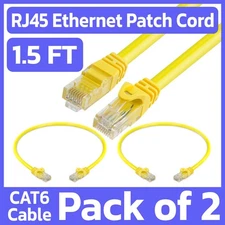 2 Pack Cat6 Cable Yellow 1.5 Feet Ethernet Patch Cord LAN Network Internet Cable