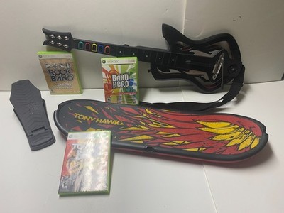 Guitar Hero Guitar , Drum Foot Pedal, Tony Hawk Board, and 3 XBox 360 games
