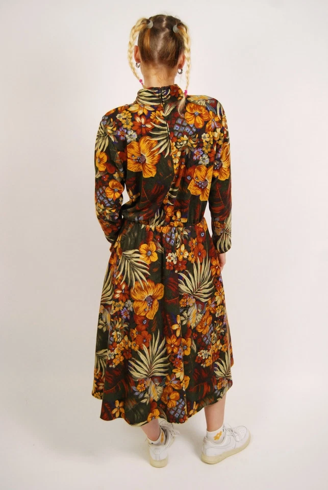 Vestido Floral Años 80 (L) Grande Marrón Vintage Tropical Naranja Cuello Simulado Secretaria Geek Foto 3 de 4