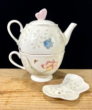 Lenox Butterfly Meadow Stackable Tea Set Pot Cup Bag Holder Tea For One 