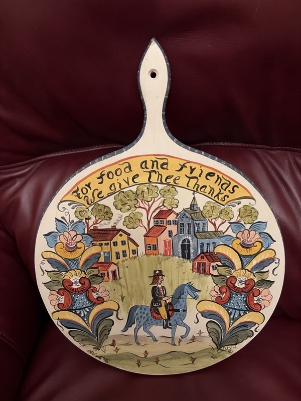 Signed 1985 Pat Virch Hand Painted Rosemaling Folk Art Bread Board Wall Hanging