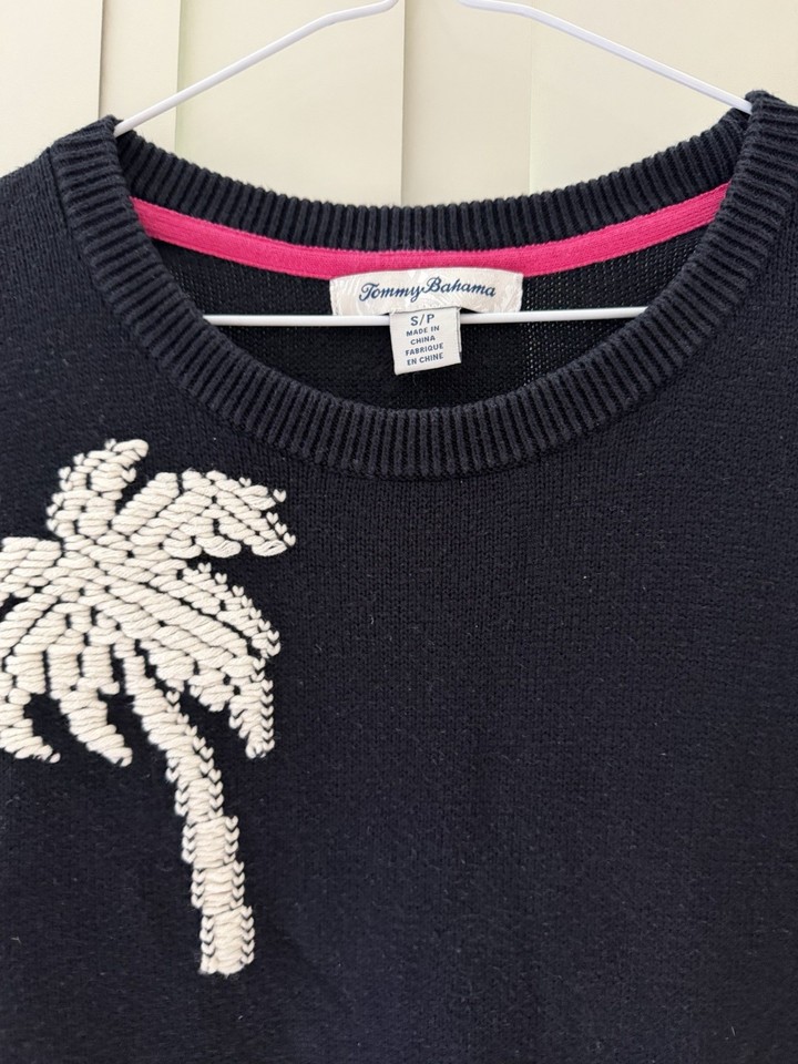 Tommy Bahama Jumper Womens S/P Navy Knit Embroidered Palm Crew 3/4 Raglan