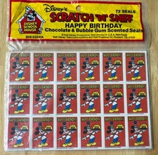 Vintage 80s Scratch & Sniff Sticker Sheet Disney Mickey Mouse RARE Birthday NIP
