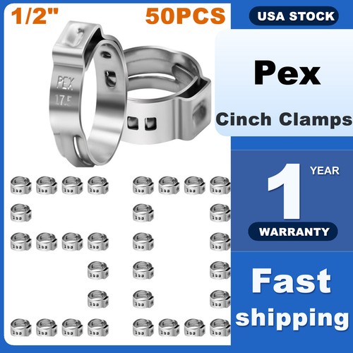 50 Pack Stainless Steel PEX Cinch Clamps 1/2 Inch Pipe Crimp Rings Potable Water