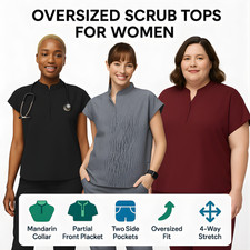 Women Oversized Medical Scrub Top Mandarin Collar Shirttail 3 Pocket Stretch