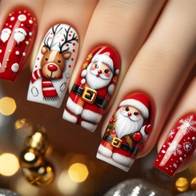 Christmas Press On Nails Santa False Nails Elk Full Cover on Nails