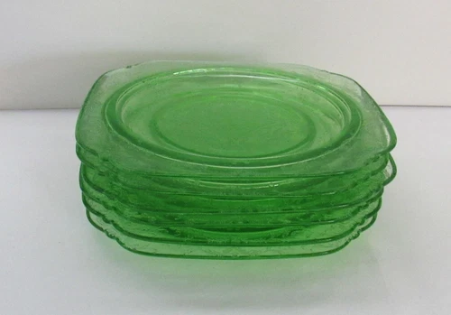 Vtg Federal Vaseline Glass Green Madrid Bread/Appetizer Plates - Set of 6 - VGUC