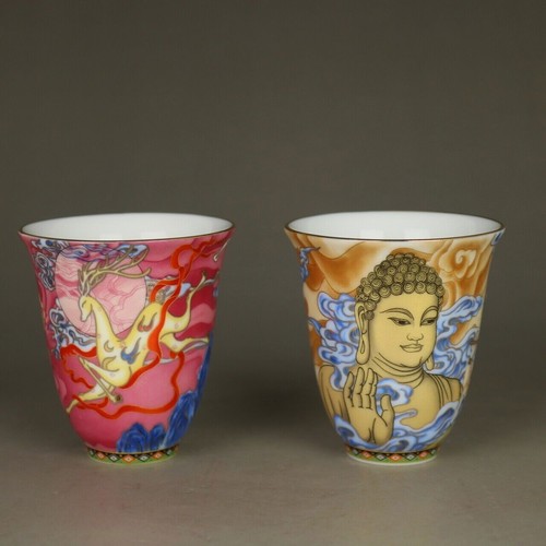A Pair Chinese Dunhuang Enamel Porcelain Immortals Pattern Teacup Cup 3.0 inch - Picture 2 of 10