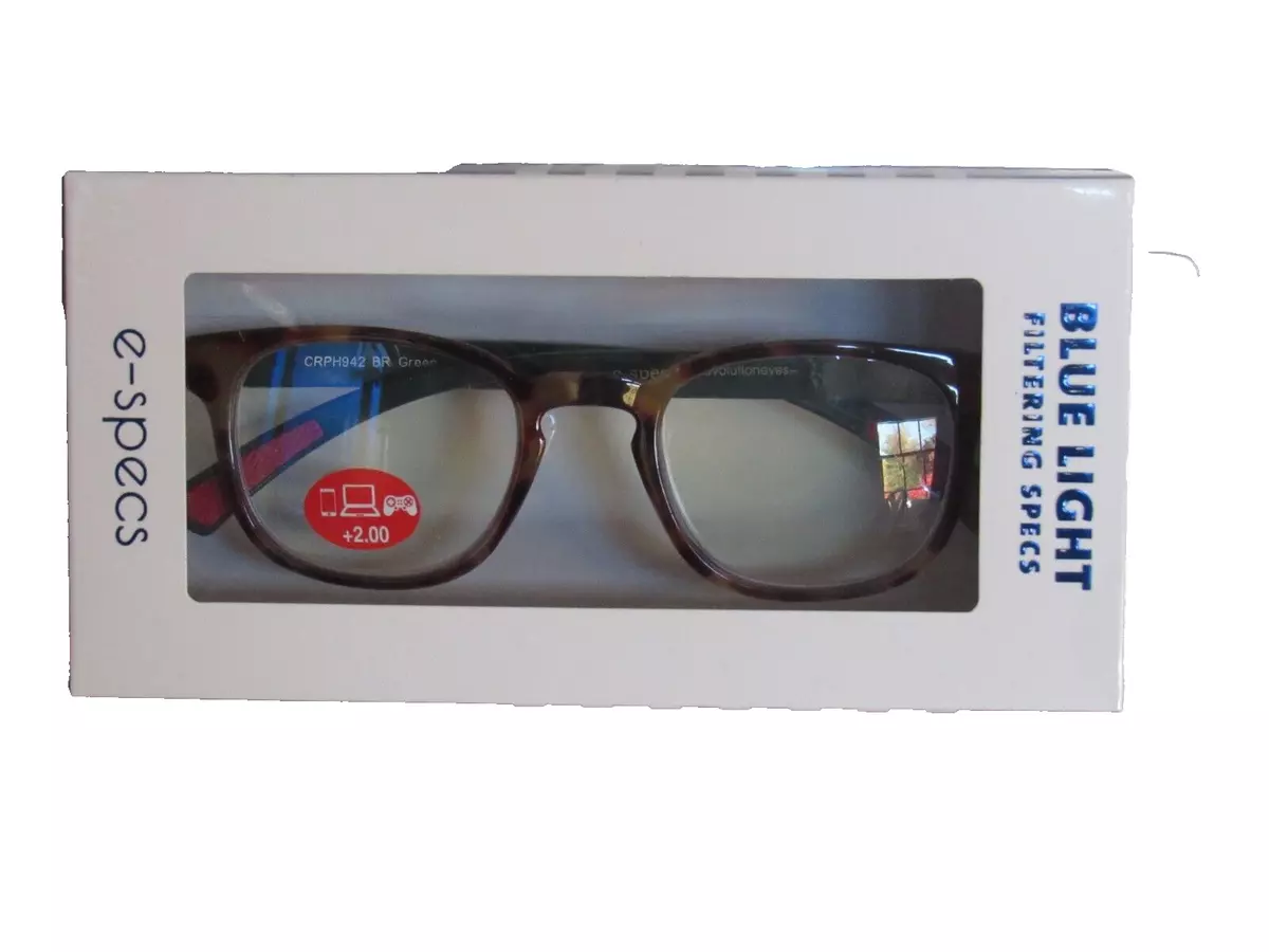 e specs Blue Light Filtering Reading Glasses Reduce Fatigue Tortoise 2.00 NEW
