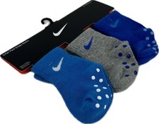 Nike Baby 3 Pk Blue Grey Ankle Cotton Cushion Swoosh Gripper Sock Set Sz 6-12 MO